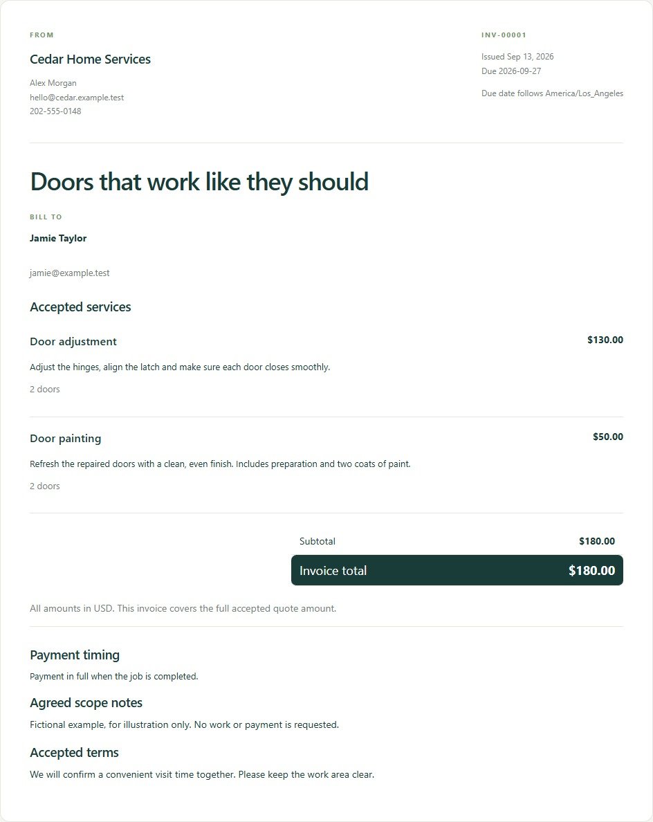 MyFastBid invoice with itemized services, pricing, and payment details using fictional example data