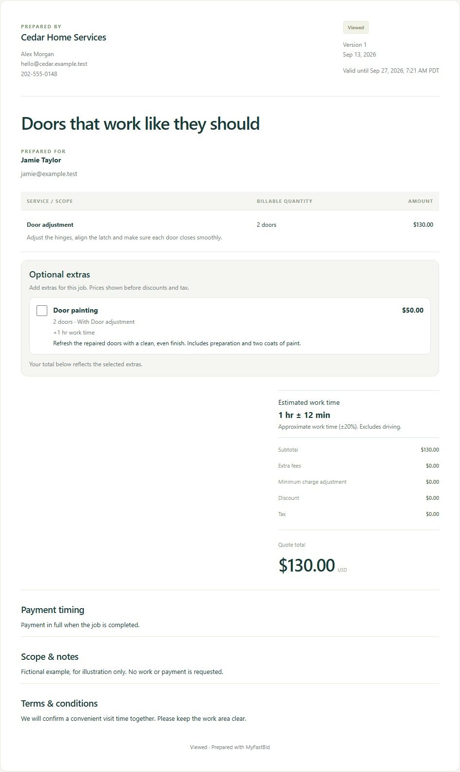 MyFastBid customer quote showing service scope, optional extras, time estimates, and pricing